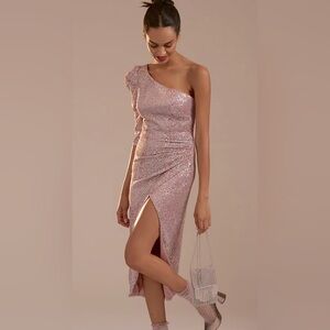 NWT Mac Duggal Sequins One Shoulder Faux Wrap Dress Mauve Multi Color Size 4